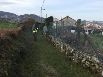 Operarios de la Fundación Juan XXI desbrozan la maleza de Pedreiras