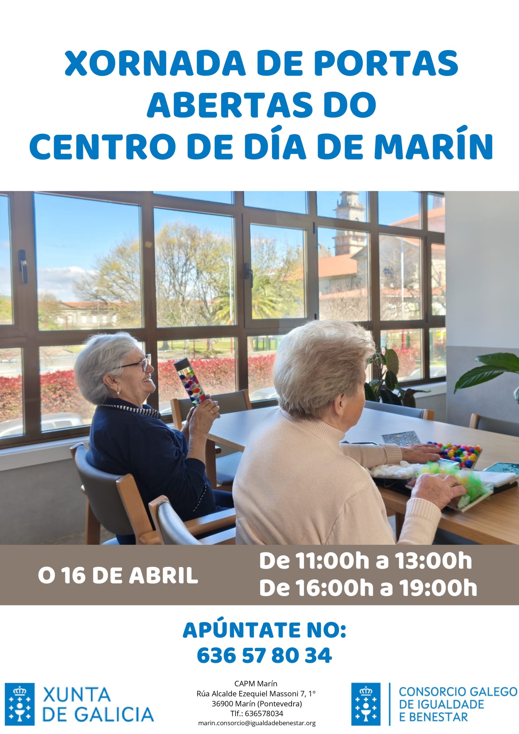 O Centro de Atención a Persoas Maiores de Marín realizará unha xornada de portas abertas ao público o xoves 16 de abril de 2026